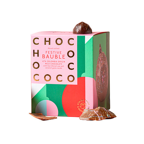 Chococo 47% Colombia Milk Chocolate Bauble with Dorset Sea Salt Caramel Gems 150g   6