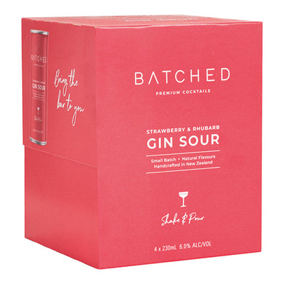 Batched Strawberry & Rhubarb Gin Sou 4 pack cans 6% ABV Hand Crafted in New Zealand 4x230ml   6