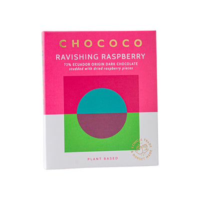 Chococo 72% Ecuador dark chocolate studded with tangy raspberries (vf) 75g 12