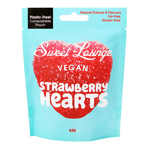 Sweet Lounge Vegan Fizzy Strawberry Hearts Pouch 65g   10
