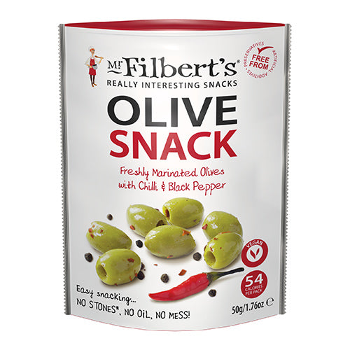Mr Filberts Chilli & Black Pepper Green Olives 50g   12